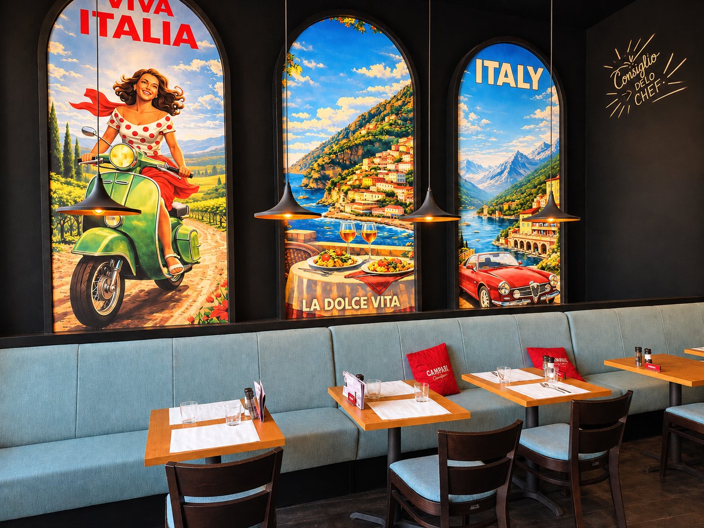 Sfeerbeeld met Italiaanse muurschilderingen — decoratief beeld, geen foto van Carlito's Piazza zelf.